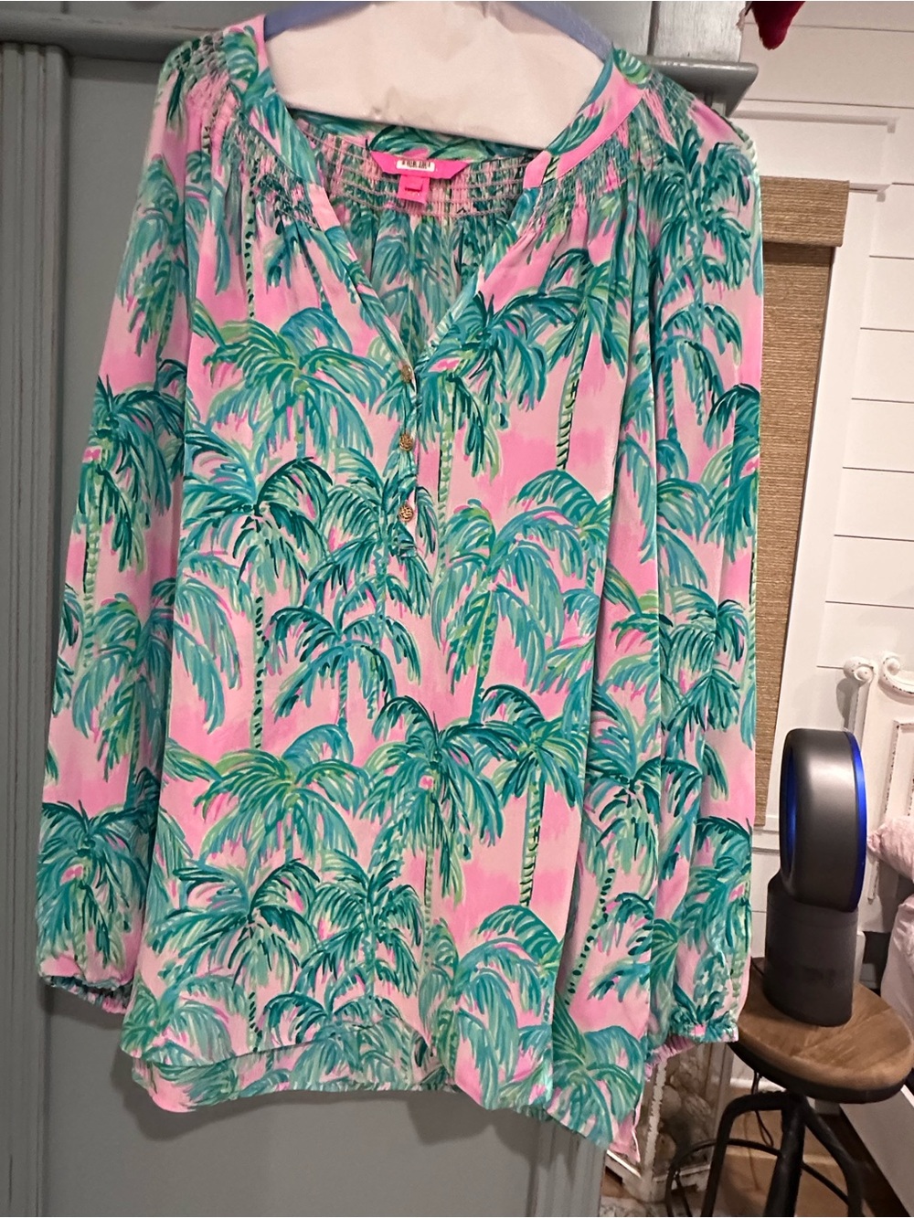 Lilly Pulitzer Pink Blouse with Green Palm Print
